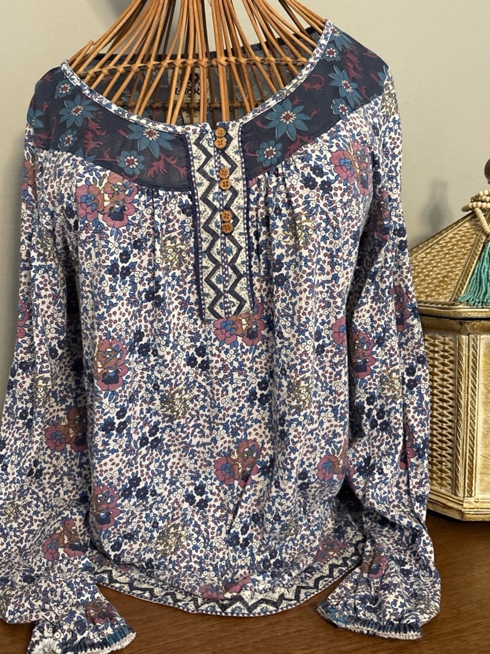 Boho Floral Peasant Top in Blue and Pink Vintage Lucky Brand